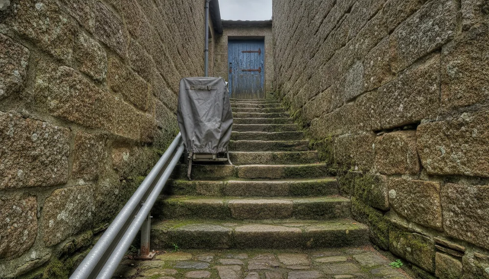 Monte-escalier extérieur sur un perron de venelle, Morlaix, quartier Saint-Melaine